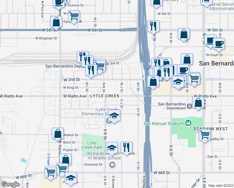 map of restaurants, bars, coffee shops, grocery stores, and more near 1024 West Rialto Avenue in San Bernardino