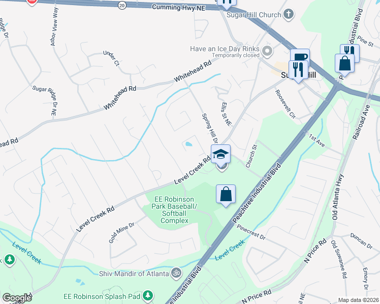 map of restaurants, bars, coffee shops, grocery stores, and more near 5075 Rolling Rock Drive in Sugar Hill