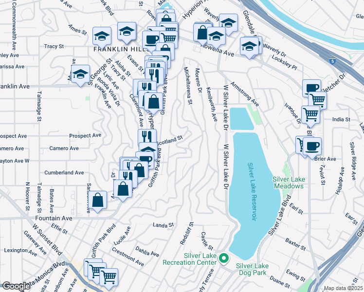 map of restaurants, bars, coffee shops, grocery stores, and more near 2284 Panorama Terrace in Los Angeles