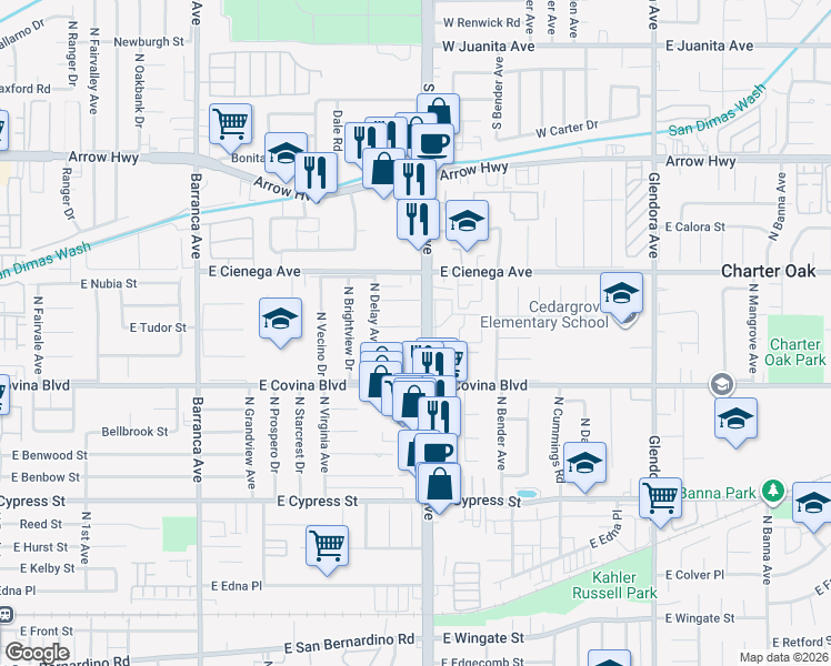map of restaurants, bars, coffee shops, grocery stores, and more near 19342 East Tudor Street in Covina
