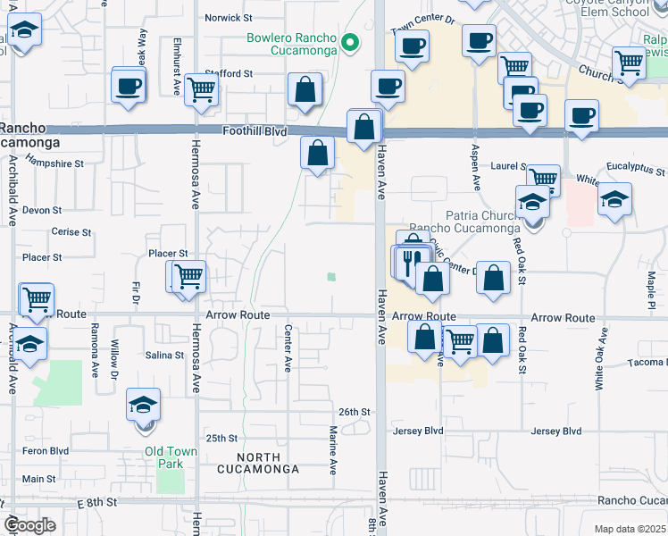 map of restaurants, bars, coffee shops, grocery stores, and more near 10400 Arrow Route in Rancho Cucamonga