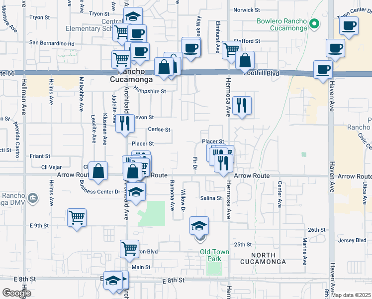 map of restaurants, bars, coffee shops, grocery stores, and more near 9945 Placer Street in Rancho Cucamonga