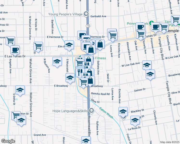 map of restaurants, bars, coffee shops, grocery stores, and more near 5561 Sultana Avenue in Temple City