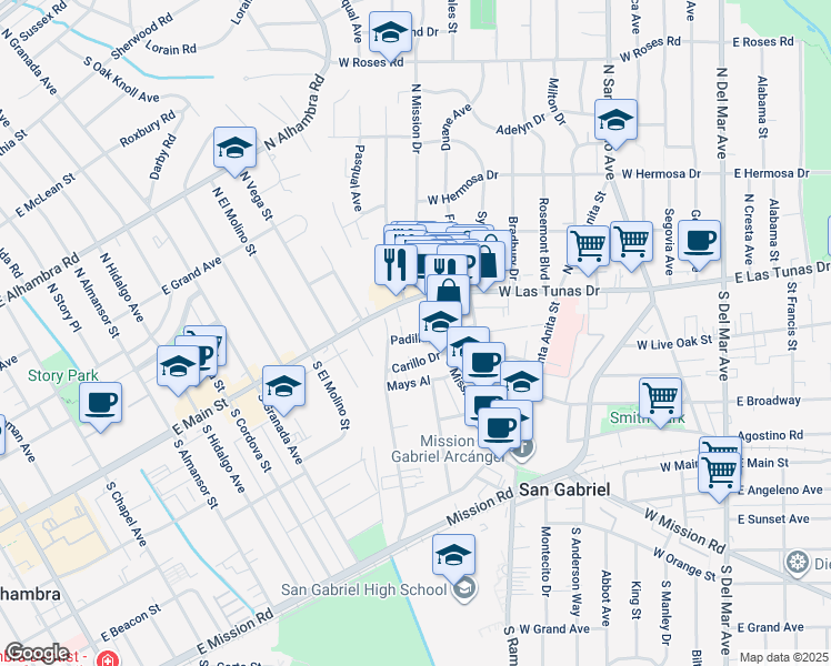 map of restaurants, bars, coffee shops, grocery stores, and more near 821 Padilla Street in San Gabriel