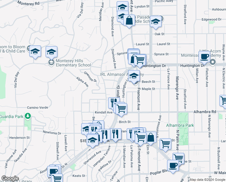 map of restaurants, bars, coffee shops, grocery stores, and more near 2004 Meridian Avenue in South Pasadena