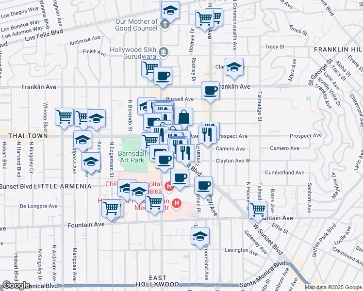 map of restaurants, bars, coffee shops, grocery stores, and more near 1645 Rodney Drive in Los Angeles