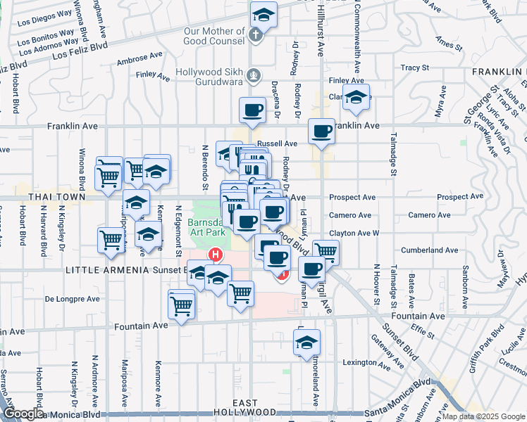 map of restaurants, bars, coffee shops, grocery stores, and more near 1611 North Vermont Avenue in Los Angeles