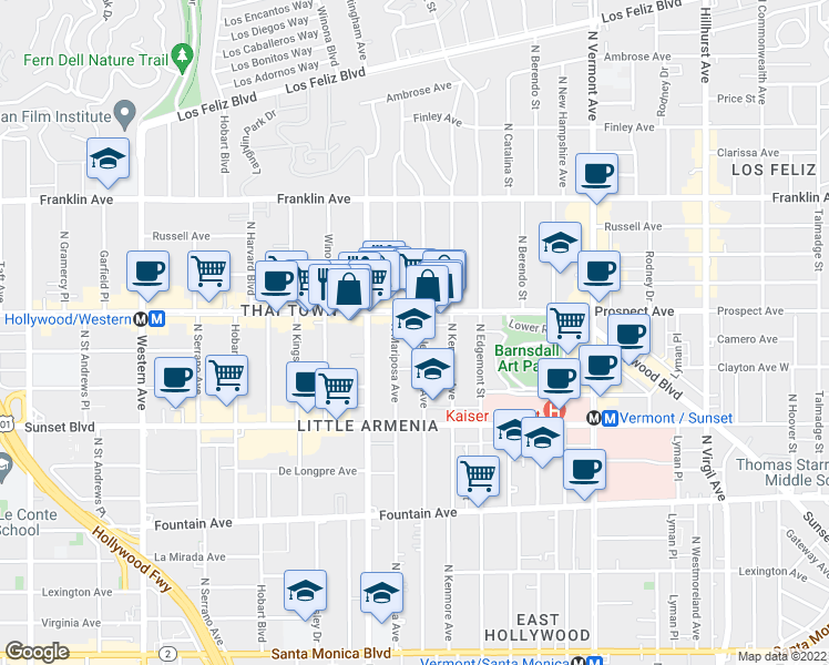 map of restaurants, bars, coffee shops, grocery stores, and more near 1641 North Alexandria Avenue in Los Angeles