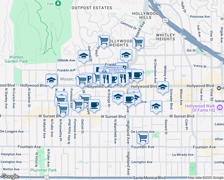 map of restaurants, bars, coffee shops, grocery stores, and more near 6925 Hollywood Boulevard in Los Angeles