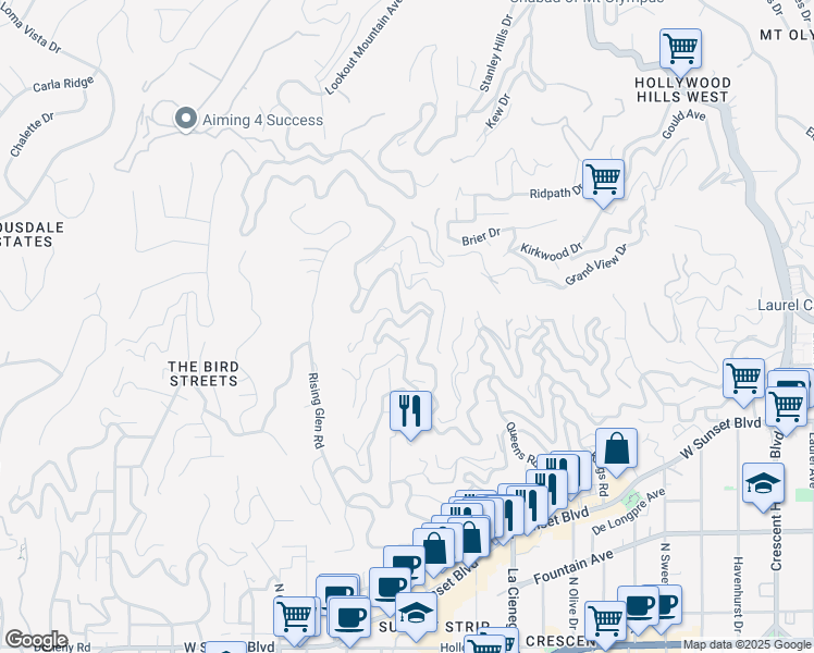 map of restaurants, bars, coffee shops, grocery stores, and more near 8713 Sunset Plaza Terrace in Los Angeles