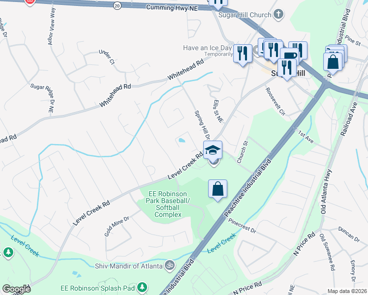 map of restaurants, bars, coffee shops, grocery stores, and more near 5075 Rolling Rock Drive in Sugar Hill
