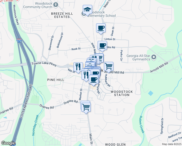 map of restaurants, bars, coffee shops, grocery stores, and more near 8590 Main Street in Woodstock