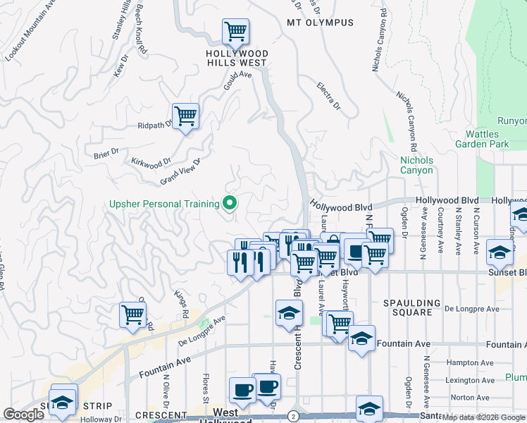 map of restaurants, bars, coffee shops, grocery stores, and more near 1636 North Crescent Heights Boulevard in Los Angeles