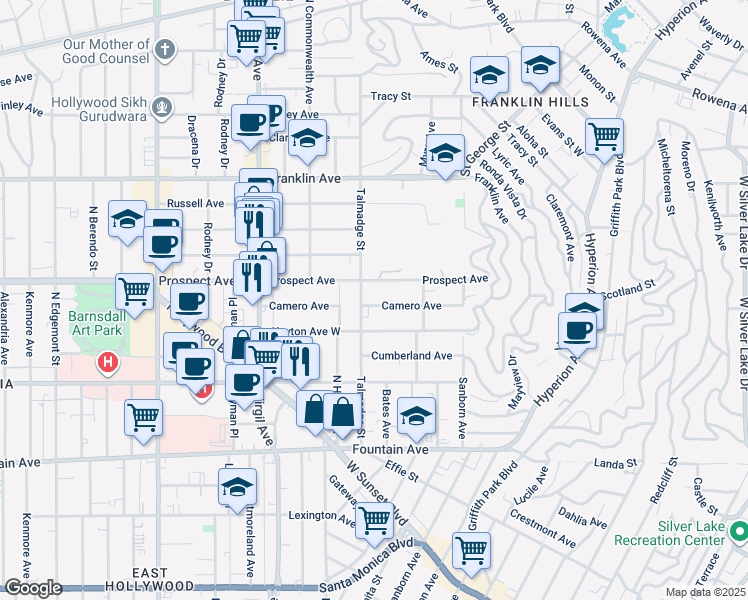 map of restaurants, bars, coffee shops, grocery stores, and more near 4215 Camero Avenue in Los Angeles