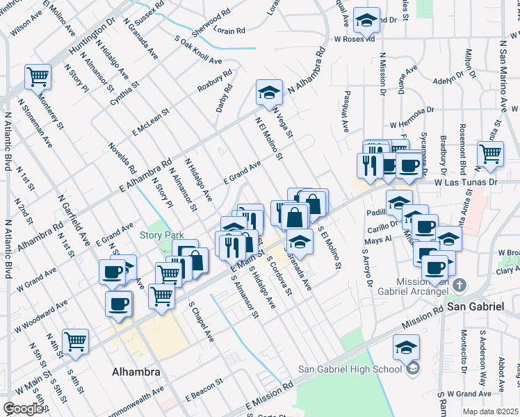 map of restaurants, bars, coffee shops, grocery stores, and more near 816 Lindaraxa Park South in Alhambra
