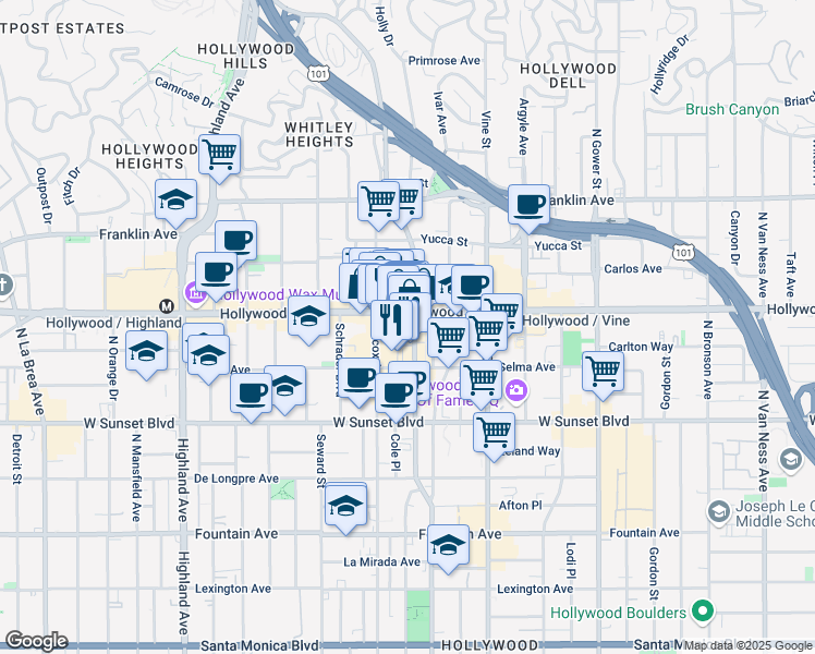 map of restaurants, bars, coffee shops, grocery stores, and more near in Los Angeles