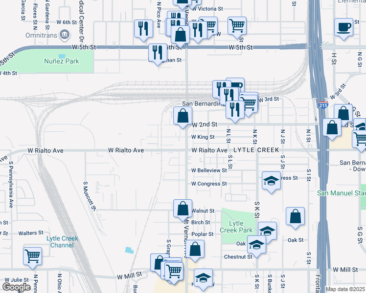 map of restaurants, bars, coffee shops, grocery stores, and more near 2 North Mount Vernon Avenue in San Bernardino