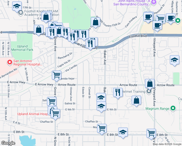 map of restaurants, bars, coffee shops, grocery stores, and more near 8405 Comet Street in Rancho Cucamonga