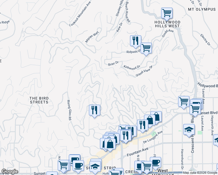 map of restaurants, bars, coffee shops, grocery stores, and more near 1680 Mountcrest Avenue in Los Angeles