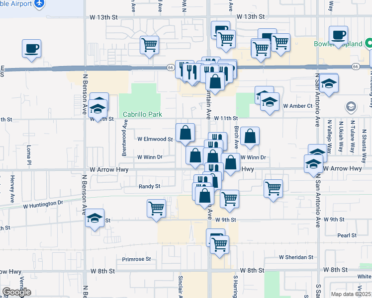 map of restaurants, bars, coffee shops, grocery stores, and more near 553 North Mountain Avenue in Upland