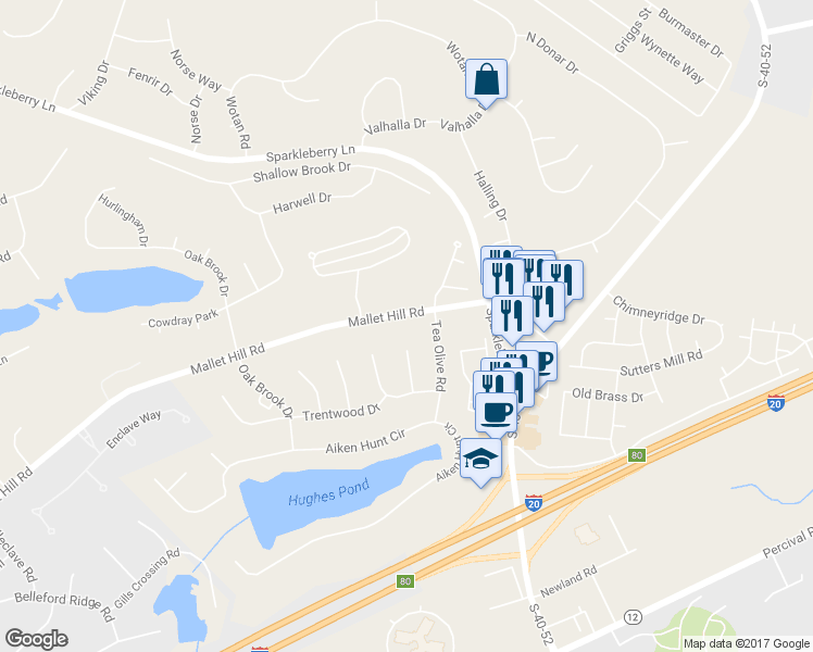 map of restaurants, bars, coffee shops, grocery stores, and more near 25 Mallet Hill Road in Columbia
