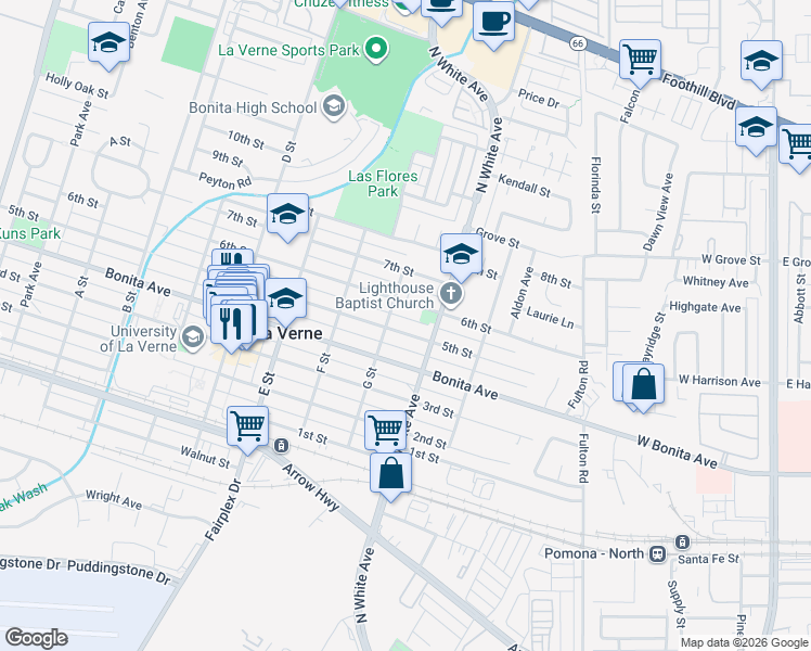 map of restaurants, bars, coffee shops, grocery stores, and more near 2419 5th Street in La Verne