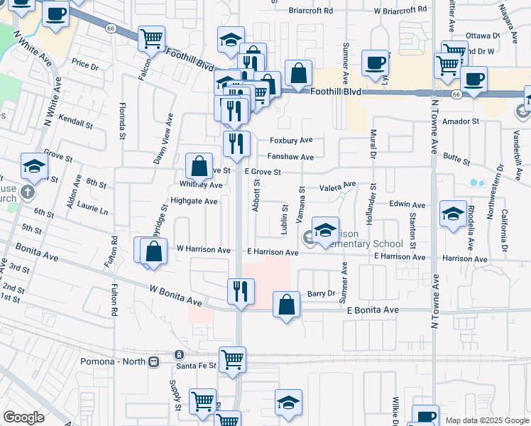 map of restaurants, bars, coffee shops, grocery stores, and more near 2987 Eton Place in Pomona