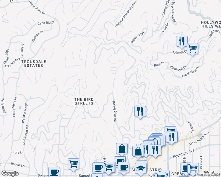 map of restaurants, bars, coffee shops, grocery stores, and more near 1615 Rising Glen Road in Los Angeles