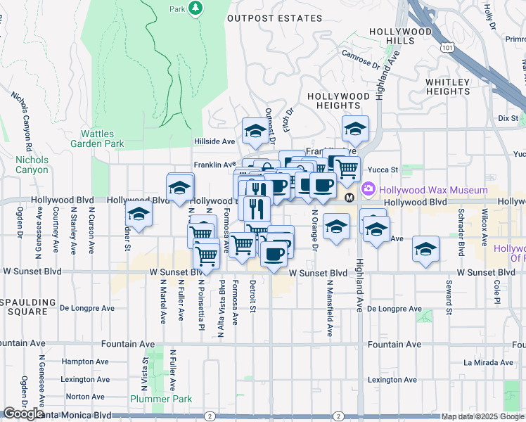 map of restaurants, bars, coffee shops, grocery stores, and more near 7060 Hollywood Boulevard in Los Angeles
