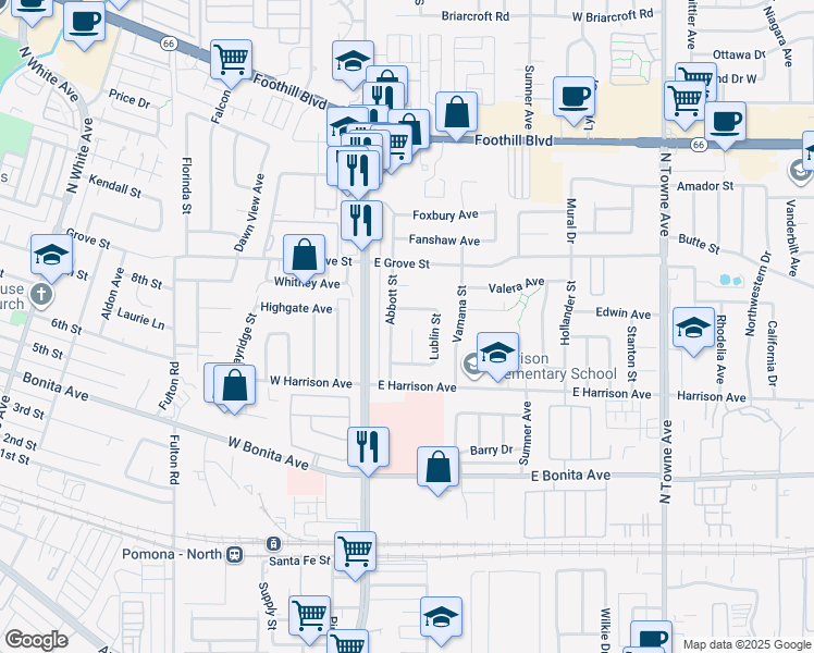 map of restaurants, bars, coffee shops, grocery stores, and more near 2987 Eton Place in Pomona
