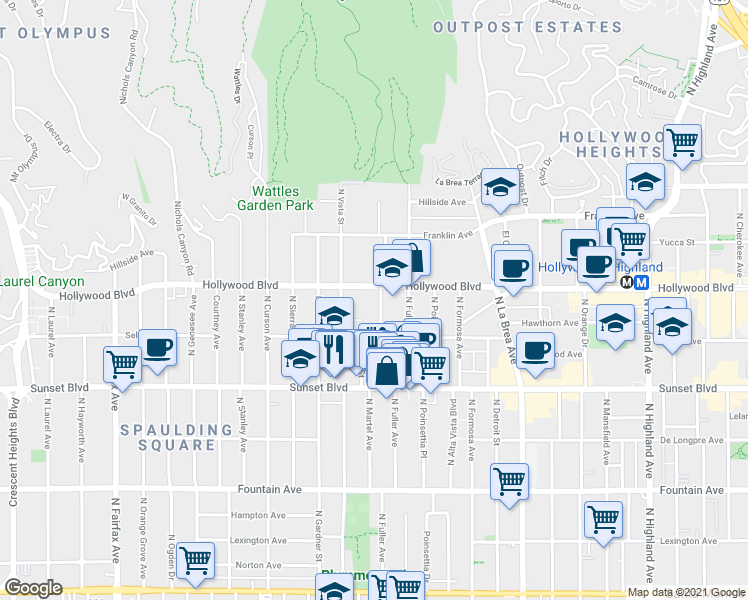 map of restaurants, bars, coffee shops, grocery stores, and more near 1643 North Martel Avenue in Los Angeles