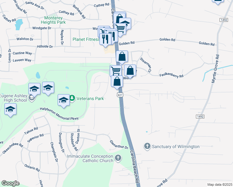 map of restaurants, bars, coffee shops, grocery stores, and more near 6514 Carolina Beach Road in Wilmington