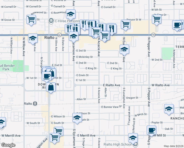map of restaurants, bars, coffee shops, grocery stores, and more near 418 East Erwin Street in Rialto