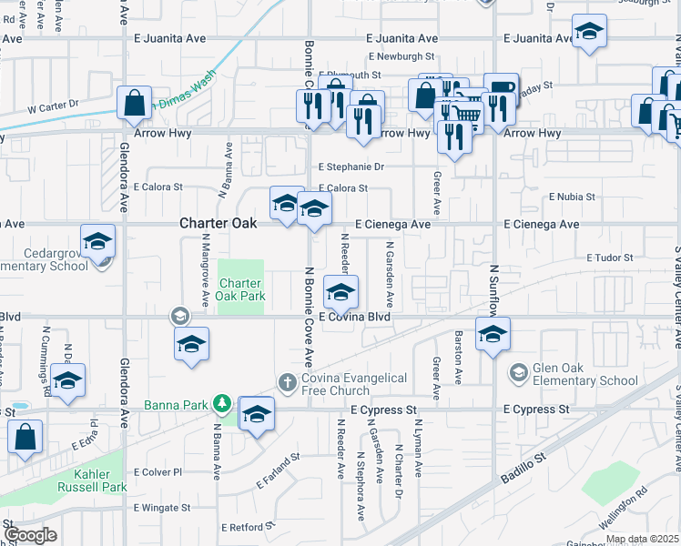 map of restaurants, bars, coffee shops, grocery stores, and more near 1177 North Reeder Avenue in Covina