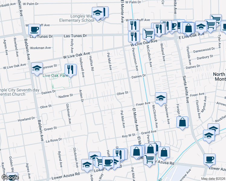 map of restaurants, bars, coffee shops, grocery stores, and more near 10569 Olive Street in Temple City