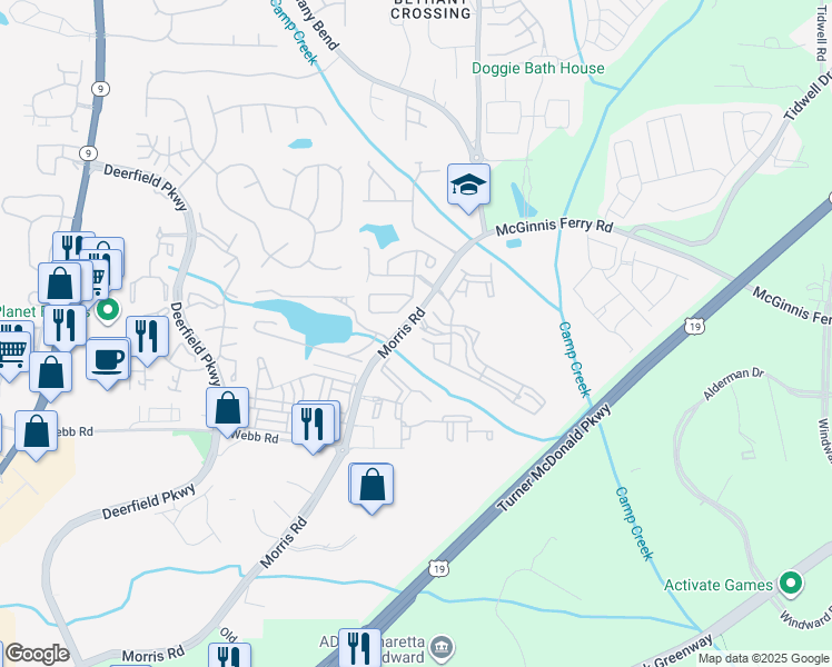 map of restaurants, bars, coffee shops, grocery stores, and more near 13125 Morris Road in Milton