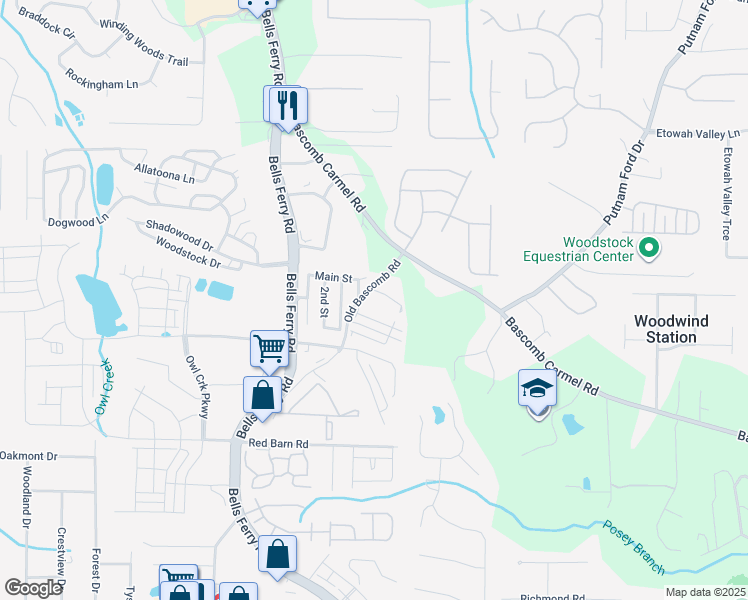 map of restaurants, bars, coffee shops, grocery stores, and more near 6020 Old Bascomb Road in Acworth