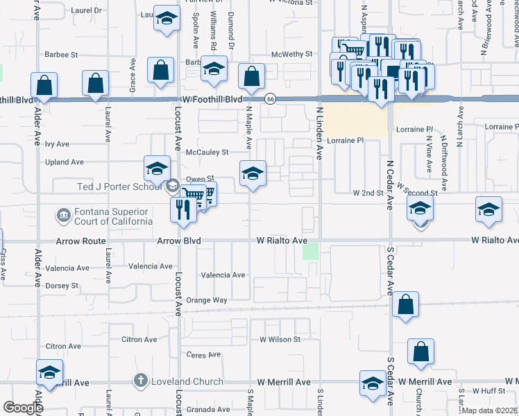 map of restaurants, bars, coffee shops, grocery stores, and more near 179 North Maple Avenue in Fontana
