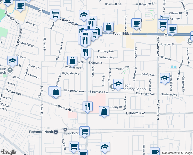 map of restaurants, bars, coffee shops, grocery stores, and more near 2987 Eton Place in Pomona