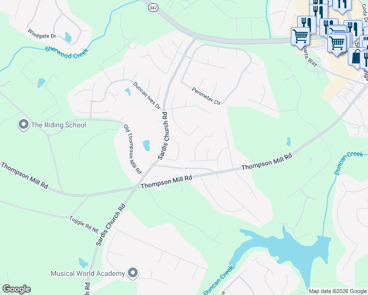 map of restaurants, bars, coffee shops, grocery stores, and more near 4601 Millstone Walk Drive Northeast in Buford