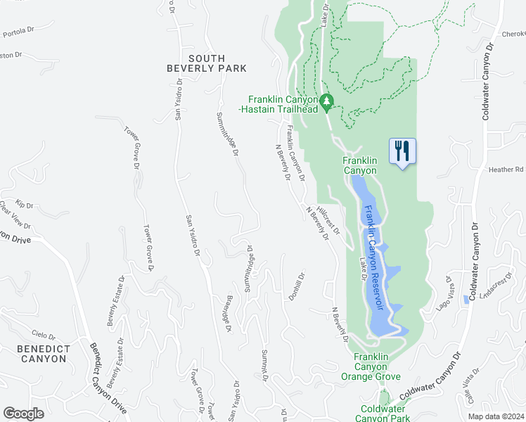 map of restaurants, bars, coffee shops, grocery stores, and more near 1666 Summitridge Drive in Beverly Hills