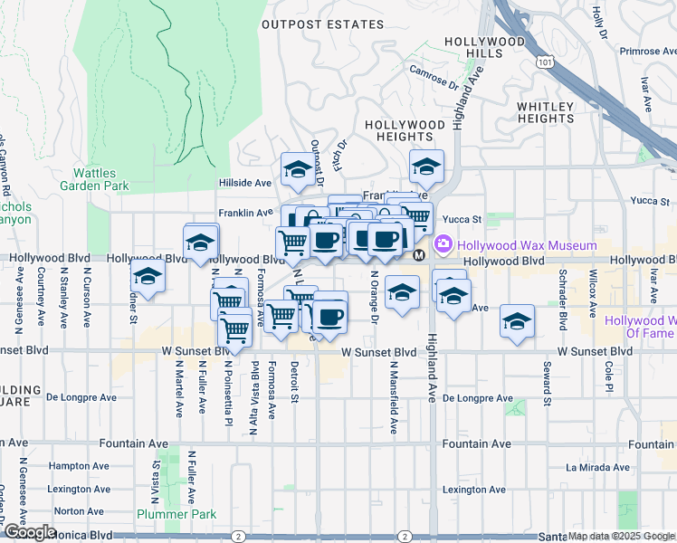 map of restaurants, bars, coffee shops, grocery stores, and more near 7046 Hollywood Boulevard in Los Angeles