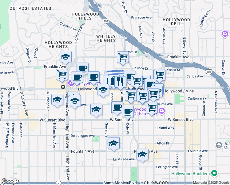 map of restaurants, bars, coffee shops, grocery stores, and more near 1650 Schrader Boulevard in Los Angeles
