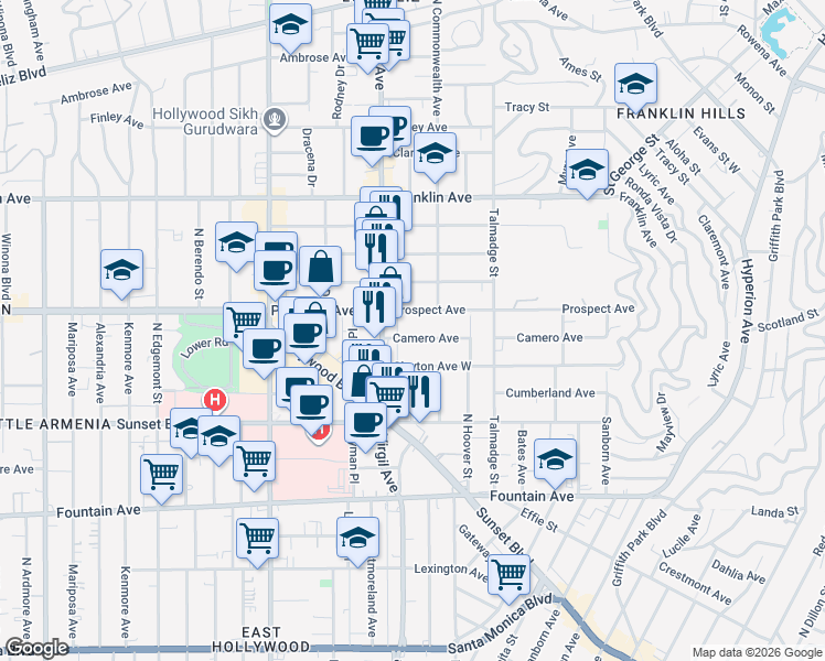 map of restaurants, bars, coffee shops, grocery stores, and more near 4403 Camero Avenue in Los Angeles