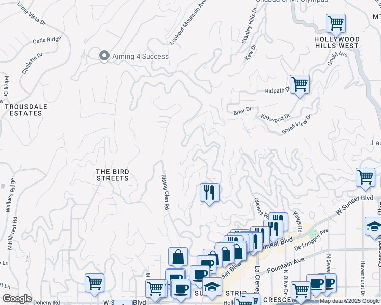 map of restaurants, bars, coffee shops, grocery stores, and more near 1640 Haslam Terrace in Los Angeles