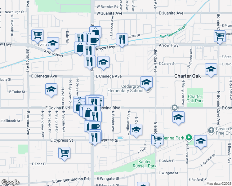 map of restaurants, bars, coffee shops, grocery stores, and more near 19615 East Tudor Street in Covina