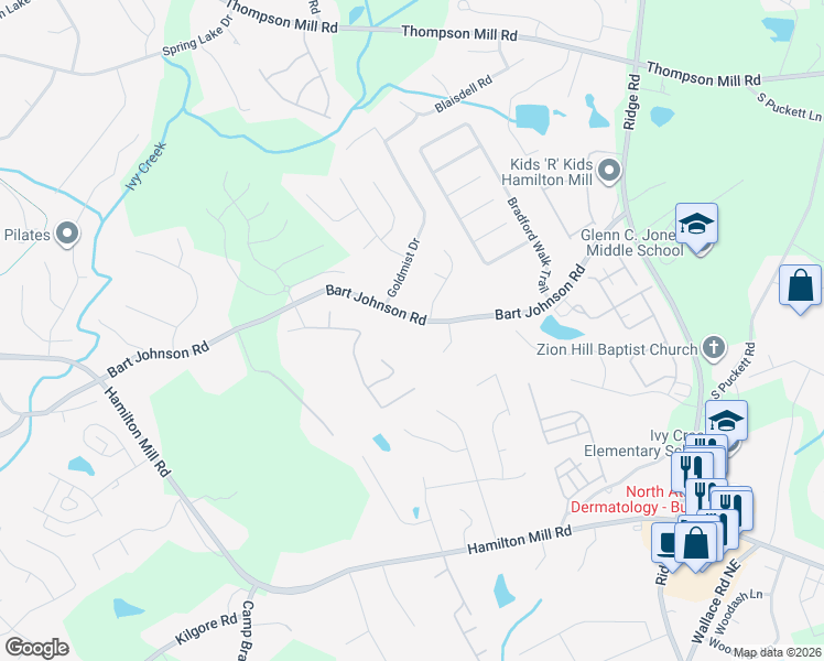 map of restaurants, bars, coffee shops, grocery stores, and more near 3137 Bart Johnson Road in Buford