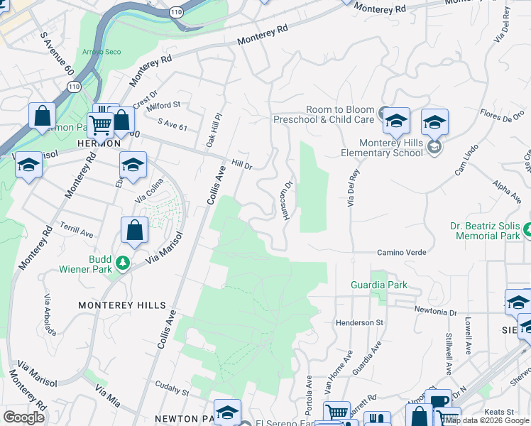 map of restaurants, bars, coffee shops, grocery stores, and more near 156 Peterson Avenue in South Pasadena