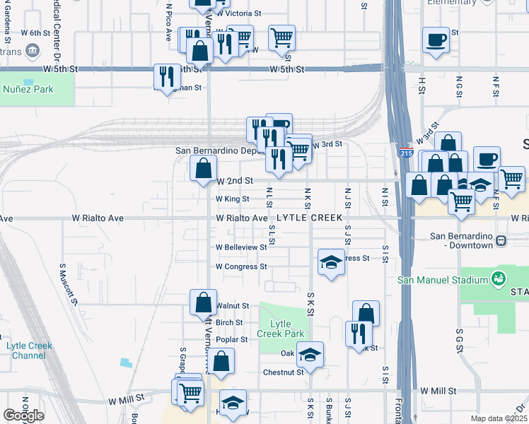 map of restaurants, bars, coffee shops, grocery stores, and more near 1180 West Rialto Avenue in San Bernardino