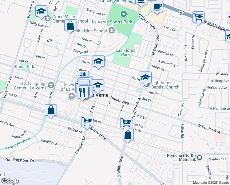 map of restaurants, bars, coffee shops, grocery stores, and more near 2318 5th Street in La Verne